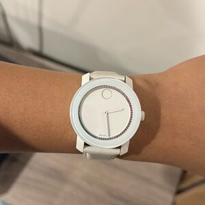 Movado Bold Swiss Quartz White Leather Strap Wristwatch, White Dial, Unisex
